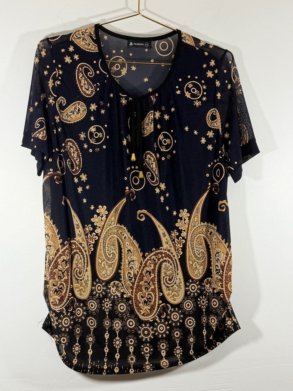 Z Fashion Paisley Print Women's Top in Black and Gold -